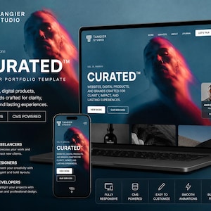 May include: A digital display of the Curated Framer portfolio template by Tangier Studio, shown on a laptop and smartphone. The interface features a dark blue theme with red lighting, bold white text, and navigation menus for a professional website.