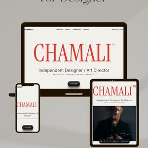 Peut inclure: Un modèle Framer numérique pour designers affiché sur un écran d'ordinateur portable, de tablette et de smartphone. L'interface présente le texte CHAMALI en rouge, avec des menus de navigation, un bouton explorer et le texte RESPONSIVE CMS FRAMER.