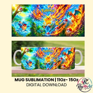 Puede incluir: Una taza de cerámica blanca con un estampado de sublimación vibrante que envuelve el diseño con varios personajes Pokémon como Pikachu, Charizard, Blastoise y Bulbasaur entre llamas, agua y efectos de rayos, con el logo de Pokémon arriba.