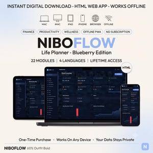 May include: NiboFlow Life Planner Blueberry Edition digital dashboard displayed on a laptop, tablet, and smartphone. The interface features a dark theme with blue accents, showing financial data, productivity modules, and charts. Includes 22 modules.