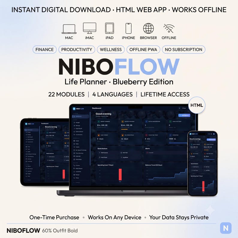 May include: NiboFlow Life Planner Blueberry Edition digital dashboard displayed on a laptop, tablet, and smartphone. The interface features a dark theme with blue accents, showing financial data, productivity modules, and charts. Includes 22 modules.