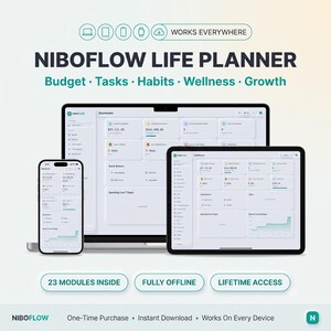 Könnte beinhalten: Niboflow Life Planner digitales Dashboard auf Laptop, Tablet und Smartphone. Die Benutzeroberfläche enthält Bereiche für Budget, Aufgaben, Gewohnheiten, Wellness und Wachstum. Der Text umfasst 23 Module, vollständig offline und lebenslanger Zugriff.