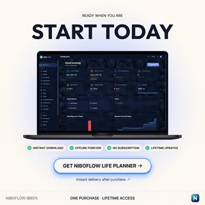 May include: A laptop screen displays the Niboflow dashboard with financial and habit tracking widgets. Text reads: READY WHEN YOU ARE, START TODAY, INSTANT DOWNLOAD, OFFLINE FOREVER, NO SUBSCRIPTION, LIFETIME UPDATES, GET NIBOFLOW LIFE PLANNER, and ONE PURCHASE.