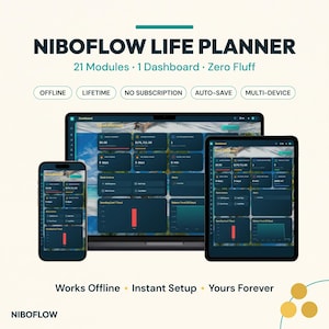 May include: The Niboflow Life Planner digital dashboard displayed on a laptop, tablet, and smartphone. The interface features 21 modules, dark blue cards, and data charts. Text includes: NIBOFLOW LIFE PLANNER, 21 Modules, 1 Dashboard, Zero Fluff, OFFLINE, LIFETIME, NO SUBSCRIPTION, AUTO-SAVE, MULTI-DEVICE, Works Offline, Instant Setup, Yours Forever.