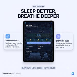 May include: A tablet displaying the NIBOFLOW sleep tracker app interface with dark mode, featuring sleep logging and breathing guide modules. Text includes SLEEP BETTER, BREATHE DEEPER, REST & RECOVER, SLEEP LOGGING, and BREATHING GUIDE.
