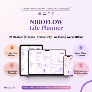 Peut inclure: Le planificateur de vie NIBOFLOW est une application web à accès instantané avec 21 modules pour la finance, la productivité et le bien-être. Il fonctionne hors ligne, prend en charge quatre langues dont l'arabe RTL, sans abonnement ni compte.