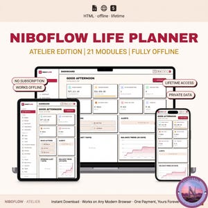 May include: The Niboflow Life Planner Atelier Edition is a digital dashboard displayed on a laptop, tablet, and smartphone. The interface features 21 modules, including budget summaries, savings progress, and alerts, all designed for offline use.