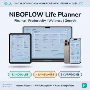 May include: NIBOFLOW Life Planner digital download featuring finance, productivity, wellness, and growth modules. Includes a laptop, tablet, and smartphone displaying a dashboard interface with 21 modules, 4 languages, and 5 currencies available.