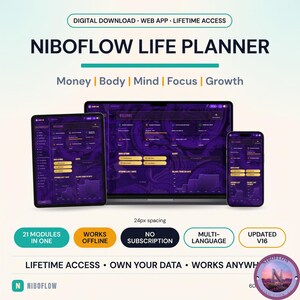 May include: Niboflow Life Planner digital download for web app with lifetime access. Features a laptop, tablet, and smartphone displaying a purple interface with modules for Money, Body, Mind, Focus, and Growth. Includes 21 modules, offline functionality, no subscription, multi-language support, and version 16 updates.