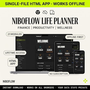 Könnte beinhalten: Der Niboflow Life Planner ist eine Single-File-HTML-App für Finanzen, Produktivität und Wellness. Er bietet 21 Module, lebenslangen Zugriff und Offline-Funktionalität ohne Abonnement, dargestellt auf einem Laptop, Tablet und Smartphone.