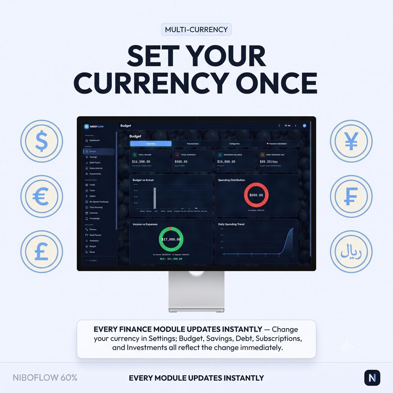 May include: A computer monitor displaying a dark-themed financial dashboard with the text "MULTI-CURRENCY SET YOUR CURRENCY ONCE". The screen shows budget data, charts, and currency symbols including dollar, euro, pound, yen, franc, and riyal.