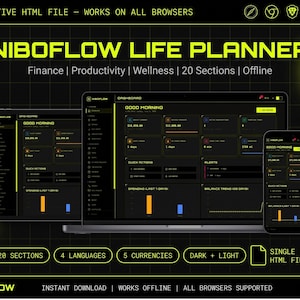 Puede incluir: El Niboflow Life Planner es un archivo HTML interactivo que se muestra en una computadora portátil, tableta y teléfono inteligente. La interfaz presenta un tema oscuro con texto amarillo neón, mostrando paneles de finanzas, productividad y bienestar.