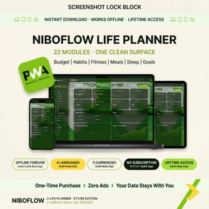 May include: A digital NIBOFLOW LIFE PLANNER displayed on a laptop, tablet, and smartphone. The interface features a dark green theme with 22 modules for budget, habits, fitness, meals, sleep, and goals. Text includes PWA, 4 languages, 5 currencies, and no subscription.
