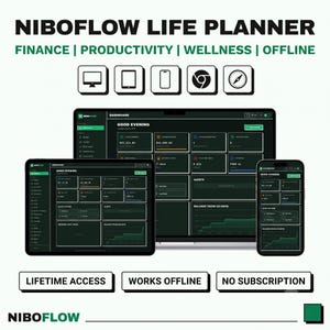 May include: The NiboFlow Life Planner digital dashboard is displayed on a laptop, tablet, and smartphone. The interface features a dark theme with green accents, showing finance, productivity, and wellness modules. Text includes Lifetime Access, Works Offline, and No Subscription.