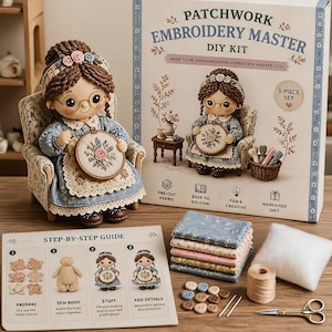 May include: A Patchwork Embroidery Master DIY Kit featuring a doll in a floral armchair, a step-by-step guide, fabric squares, buttons, thread, stuffing, and scissors. The box displays the text Patchwork Embroidery Master DIY Kit.