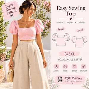 Pode incluir: Um molde de costura digital para um top com decote quadrado e mangas bufantes. A imagem mostra um top curto rosa, desenhos técnicos da frente e das costas, intervalo de tamanhos S/5XL e ícones para download em PDF e instruções.