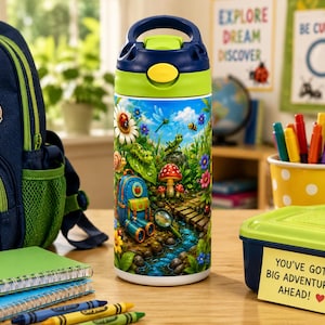 May include: A cylindrical water bottle with a dark blue lid, a lime green accent, and a yellow button. The bottle features a colorful graphic of a forest scene with insects, a mushroom, a backpack, and binoculars. The design includes a small stream.