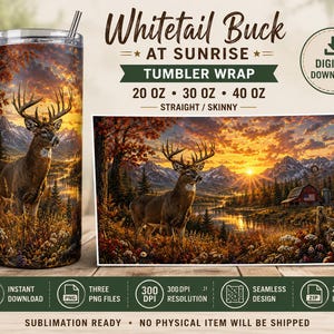 Puede incluir: Diseño digital para vaso titulado Whitetail Buck at Sunrise, con un ciervo en un campo con montañas, un granero y un atardecer. Para vasos rectos o delgados de 20, 30 y 40 oz, incluye tres archivos PNG con una resolución de 300 DPI.