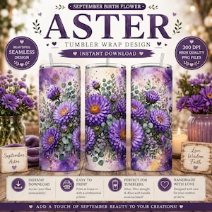Adesivo per bicchiere con motivo aster di settembre / Design floreale ad acquerello (Download digitale)