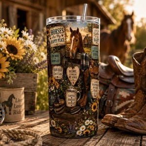 May include: A cylindrical stainless steel tumbler with a metal straw featuring a wrap-around print of a brown horse, sunflowers, daisies, and rustic wooden signs with text including Horses Are My Happy Place, Home Is Where My Horse Is, and Coffee Horses Repeat.