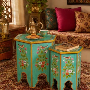 Hand Painted Pakistani Side Tables Set, Floral Boho Wooden Nesting Furniture