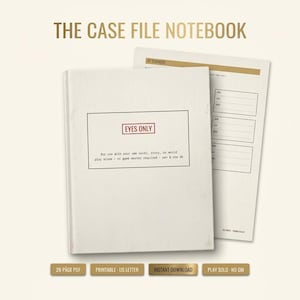 Könnte beinhalten: Das Case File Notebook ist ein weißes, rechteckiges Heft mit dem Text EYES ONLY in einem roten Kasten auf dem Einband sowie Anweisungen für das Solospiel. Eine Innenseite zeigt ein Verdächtigen-Formular mit leeren Feldern für Notizen.