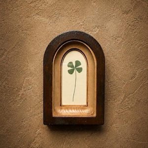 May include: A dark brown wooden arched frame containing a pressed green four-leaf clover on a light cream background. The frame features a deep, recessed design with a smooth, polished finish, showcasing the natural wood grain and texture.