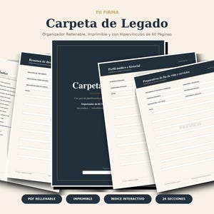 Op de afbeelding: Een 60-pagina tellende nalatenschapsplanner met een donkerblauwe omslag en crèmekleurige binnenpagina's. De tekst bevat Carpeta de Legado, Indice, Resumen de directivas, Perfil médico e historial en Preparativos de fin de vida y servicios.