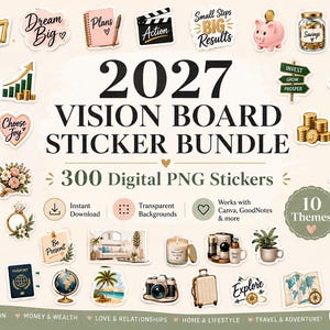 Könnte beinhalten: Ein 2027 Vision Board Sticker-Paket mit 300 digitalen PNG-Stickern zu Themen wie Motivation, Geld, Reichtum, Liebe, Beziehungen, Zuhause, Lifestyle, Reisen und Abenteuer, inklusive Symbolen wie Sparschwein, Globus, Kamera und Reisepass.