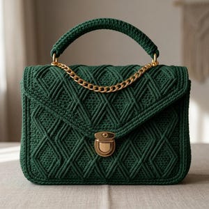 May include: A dark green crochet handbag featuring a textured diamond pattern across the front flap. The bag includes a thick, matching crochet top handle, a decorative gold-tone metal chain accent, and a central gold-tone metal push-lock closure.
