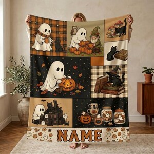 Personalisierbare Halloween-Decke mit gruseligem Geister- und Katzenmotiv, Patchwork-Namensdecke