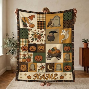 Personalized Halloween Patchwork Blanket Spooky Gnome Pumpkin Custom Name Throw
