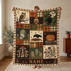 Gepersonaliseerde Halloween patchwork fleece deken met naam, griezelige heks, pompoen, herfstdeken