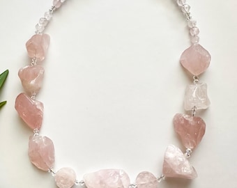 Gorgeous Rose Quartz and Swarovski Crystals Necklace, Sterling Silver