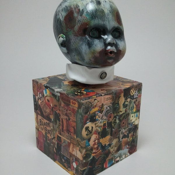 Original OOAK Oscar Macabre Altered Doll Decoupage Horror Zombie Doll Music Box Rockabye Baby