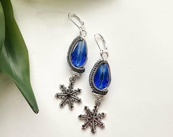 Wire Wrapped Blue Crystal Earrings with Snowflakes