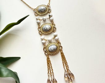 Faux White Turquoise and Brass Crystal Necklace