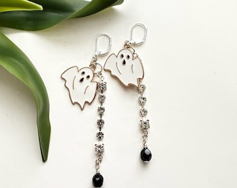 Spooky Cute Ghost Earrings with Crystal Chain