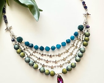 Agate Druzy Multi Strand Necklace with Stars, Blue