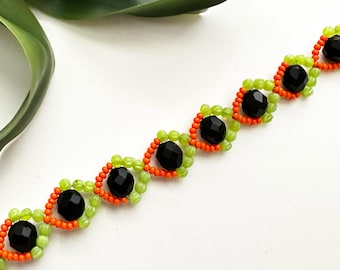 Beaded Halloween Bracelet, Orange, Black, Green