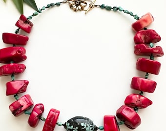Vertebrae Coral, Genuine Turquoise and Micro Faceted Black Spinel Necklace with White Bronze Clasp, RARE