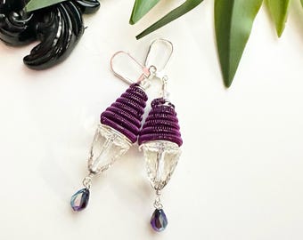 Large Spiral Coiled Wire and PRESTIGE Crystal Earrings, purple