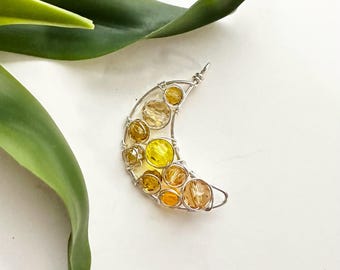 Yellow Swarovski Crystal Beaded Moon, Handmade, Wire Pendant