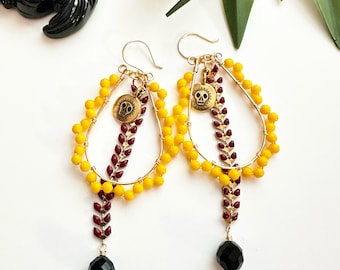 Yellow Day of the Dead Wire Teardrop Earrings with TierraCast Skull Charm