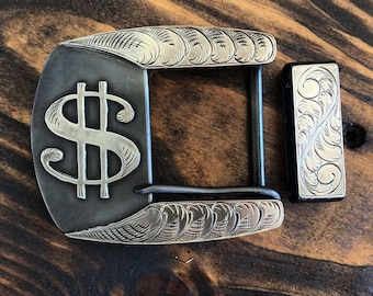 Western Hand Engraved Belt Buckle Money Sign - Cowboy Belt Accessory Custom Rodeo