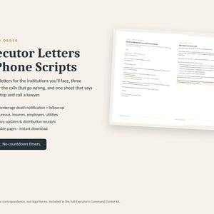 Puede incluir: Un conjunto de documentos digitales titulado Executor Letters & Phone Scripts, que incluye diez cartas para completar, tres guiones telefónicos y una guía de consulta legal. El kit contiene 16 páginas imprimibles para notificaciones.