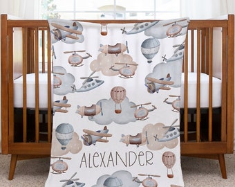 Personalized neutral transportation airplane baby blanket with planes - Buttery soft minky name blanket