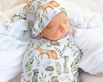 Personalized Woodland Animal Jersey Swaddle Blanket Set | Baby Shower Gift