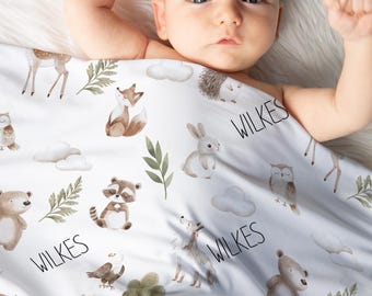 Personalized Minky Baby Blanket – Woodland Nursery Decor, Forest Animals
