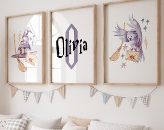 Personalized Wizard School Owl Art Print | Custom Nursery Decor